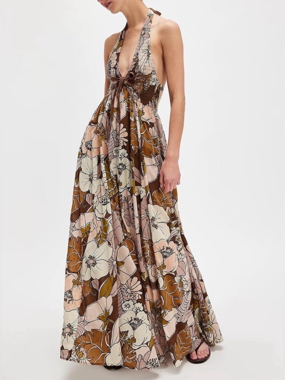Floral Halter Maxi Dress in Mauve and Brown with POCKETS!